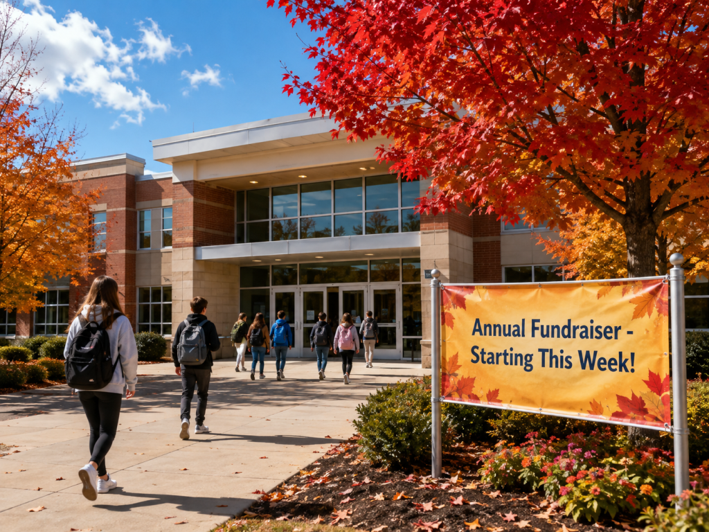 A school entrance in fall with students arriving and a fundraising campaign banner visible near the doors